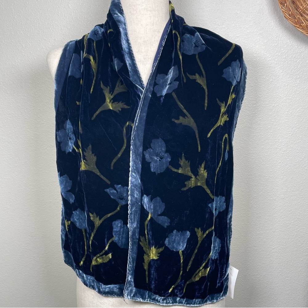 Velvet & Silk Floral Scarf Blue & Green Grannycore